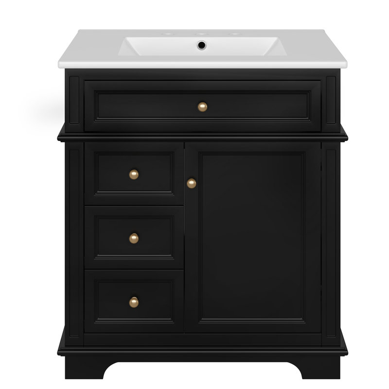 Meuble-lavabo de 30 po avec lavabo, un tiroir basculant, trois tiroirs, tablette de porte, porte à fermeture douce, noir