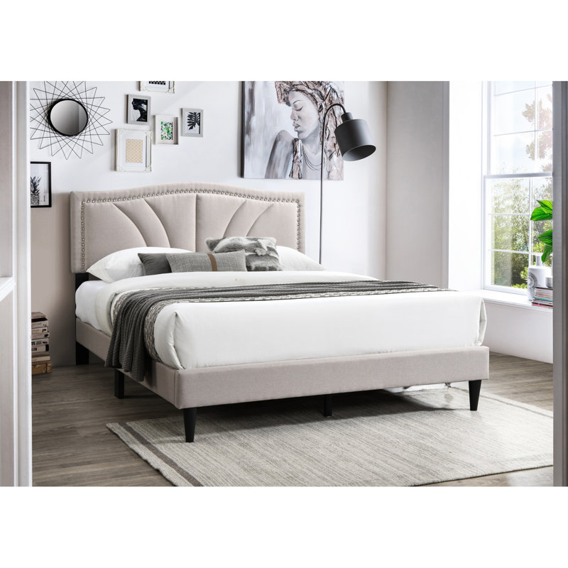 Burlap Fabric Queen Bed In Brown With Graceful Sloped Headboard And No Box Spring Requirement, Light Brown
