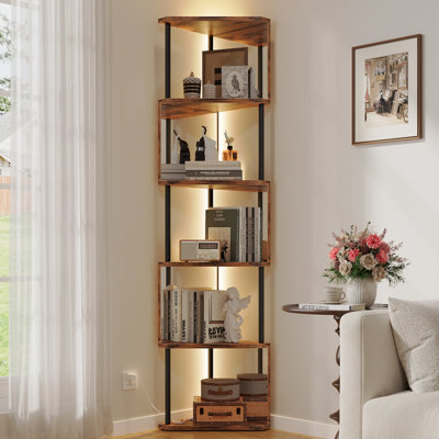 Bibliothèque de coin industrielle à 6 niveaux avec lumières DEL et tablettes miroir pour le salon, la chambre à coucher