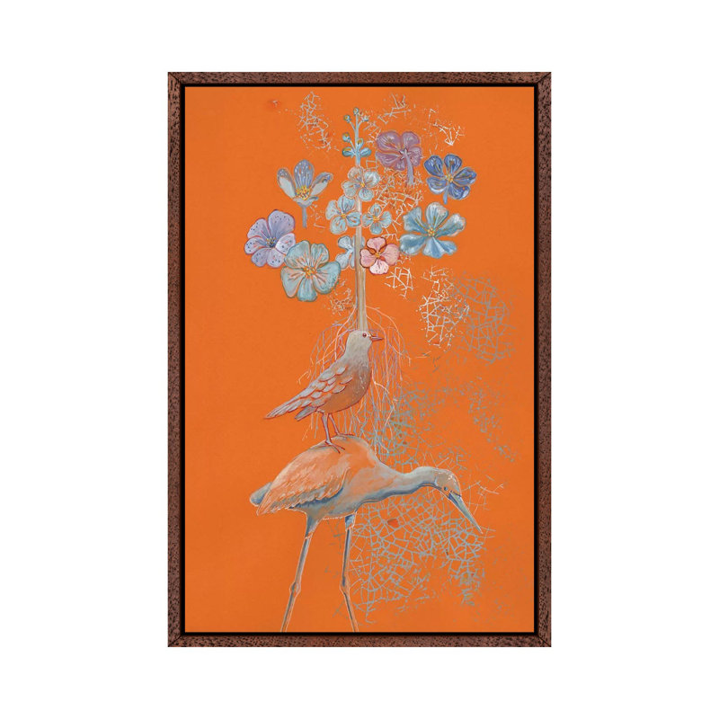 Heron Dreams On Orange by Miri Eshet - Print on Canvas, Classic Brown Wood Framed, 101.6 cm H x 66.04 cm W