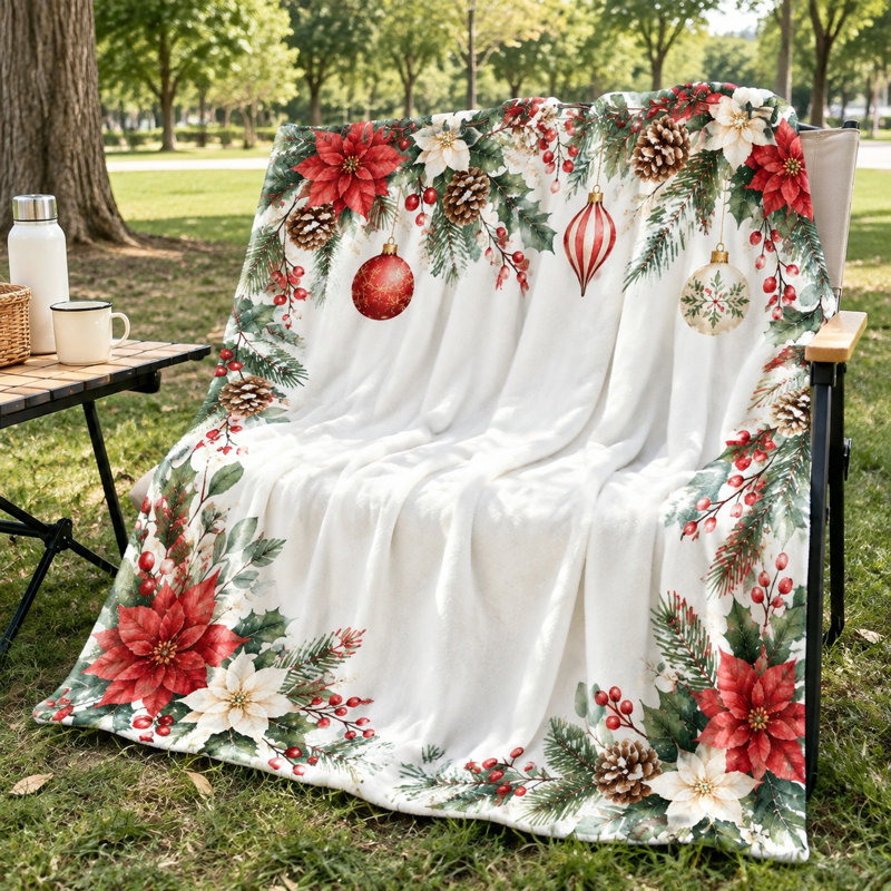 Christmas Floral Print Throw Blanket, Festive Holiday Poinsettia and Pinecone Design Cozy Plush Blanket for Sofa Couch Bedroom Living Room Home Decoration