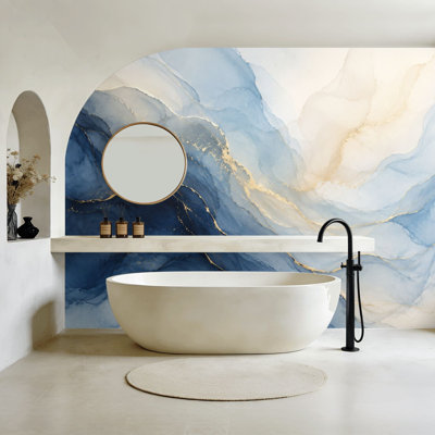 Papier peint adhésif à motifs vagues abstraits, touches de bleu et d'or, 254 cm (H) x 366 cm (L), amovible, en PVC, pour chambre, salon ou bureau.
