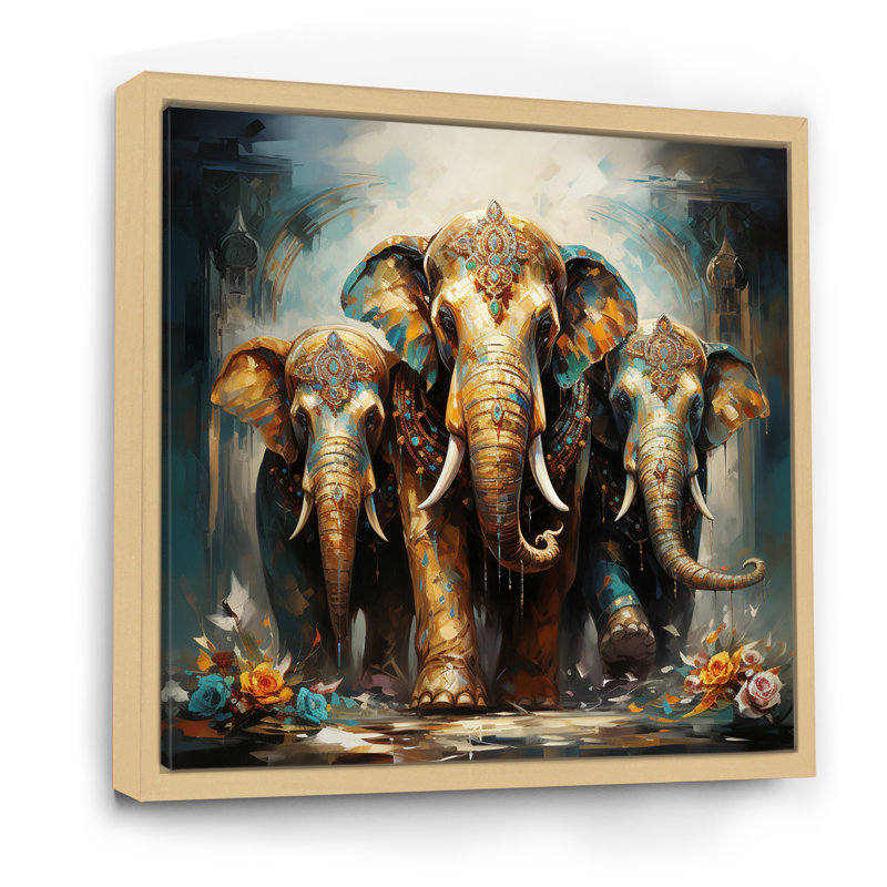 Art asiatique, éléphants thaïlandais X - Art mural asiatique, Cadre flottant érable, H 30 po x l 30 po x P 1 po
