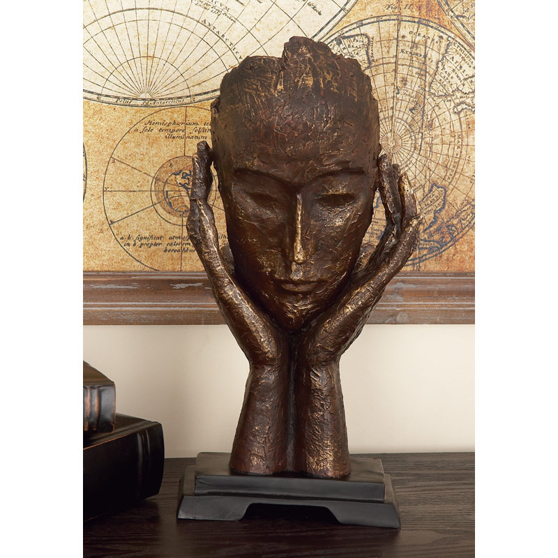 Brown Polystone Mask Thinker Decorative Sculpture, 5" x 8" x 16"