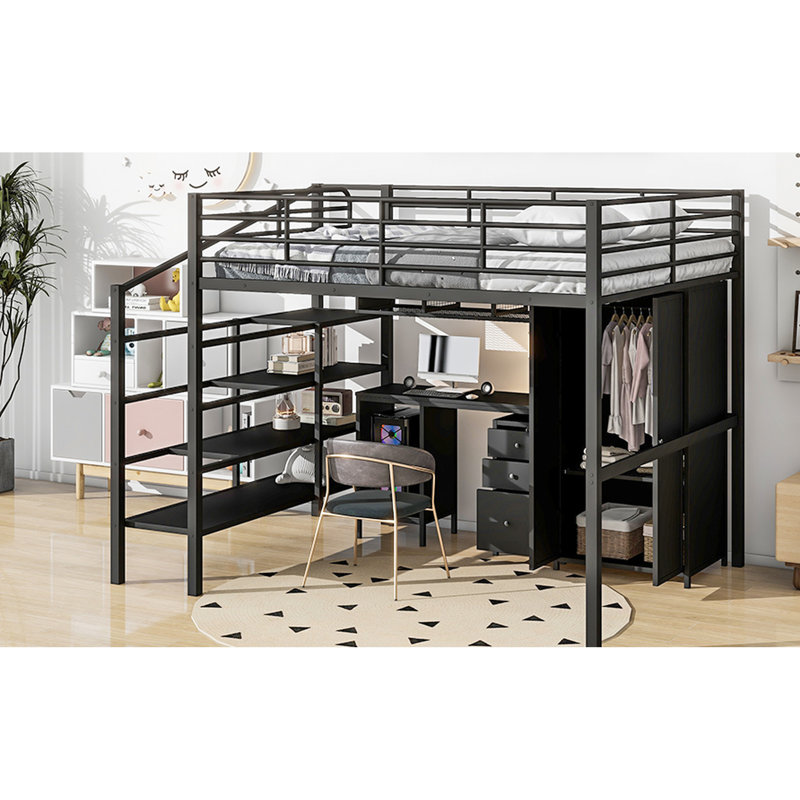 Metal Loft Bed With Table & Wardrobe, Full, Black - Modern Appearance, Stable Construction, Ample Storage Options, Easy Assembly Instructions And Design, Structure, Facilities, Effortless Operations