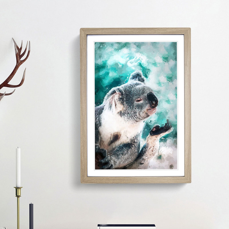 Cute Koala Bear in Abstract - Picture Frame Graphic Art Print, 65cm H x 48cm W x 2cm D, Oak Framed