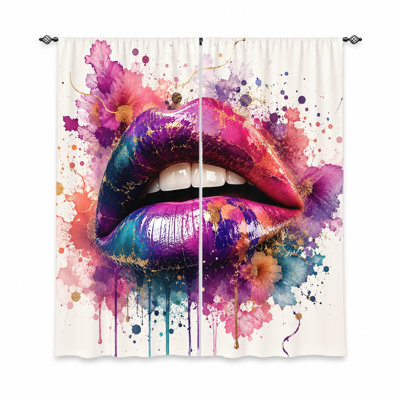 2 pièces de rideaux d'art à lèvres vibrantes, tissu filtrant la lumière, conception d'éclaboussures de peinture colorée audacieuse, protection de la vie privée, passe-tringle, pour le salon, la chambre à coucher, le balcon, la cuisine
