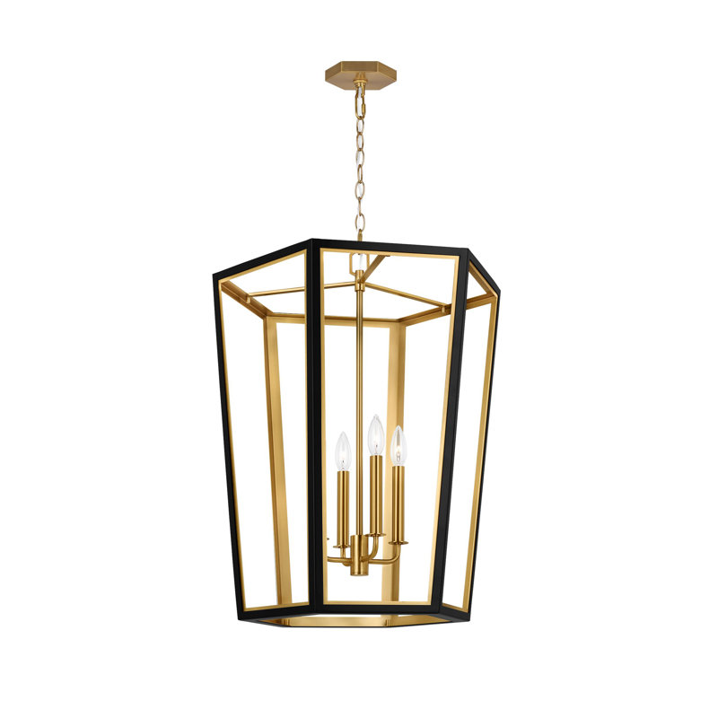 4 - Light Dimmable Lantern Geometric Chandelier, Midnight Black/Burnished Brass