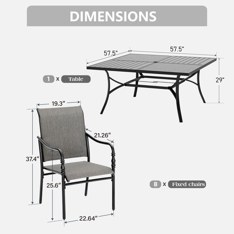 Asfand 9pcs Large Square Table Outdoor Patio Dining Set With Sling Chairs (Without Cushions)