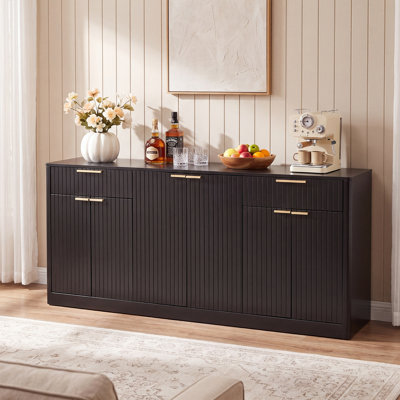 Buffet cannelé de 170 cm (67 po), meuble de rangement moderne pour bar à vin avec 6 portes et 2 tiroirs, dosseret pour coin café, salle à manger, salon, entrée, noir