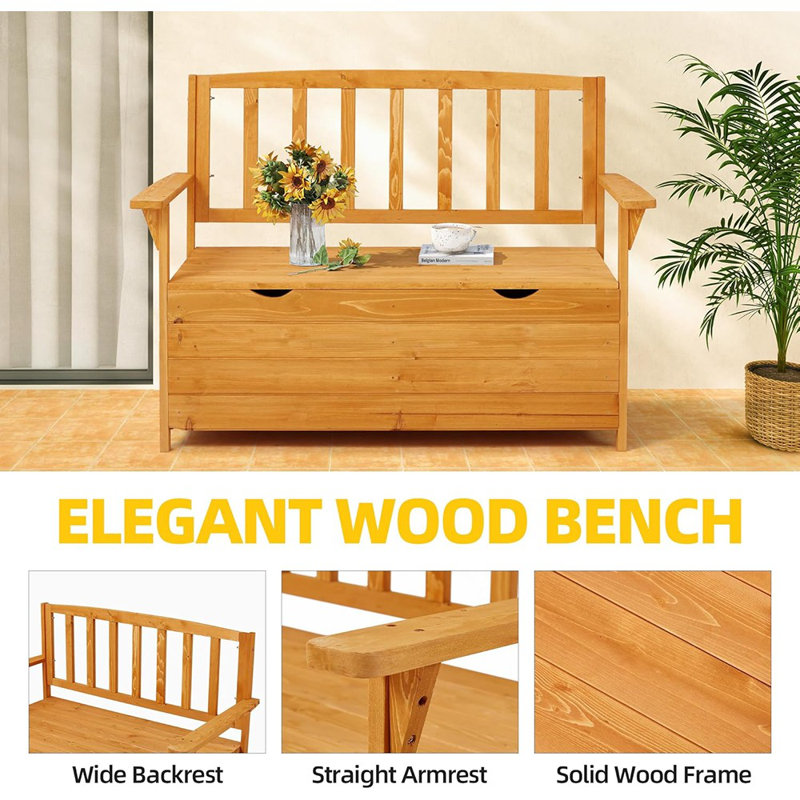 Outdoor Wooden Storage Bench, Patio Storage Box With Portable Handle & Seating, Deck Storage Bench With Armrest And Backrest For Backyard & Balcony, Yellow