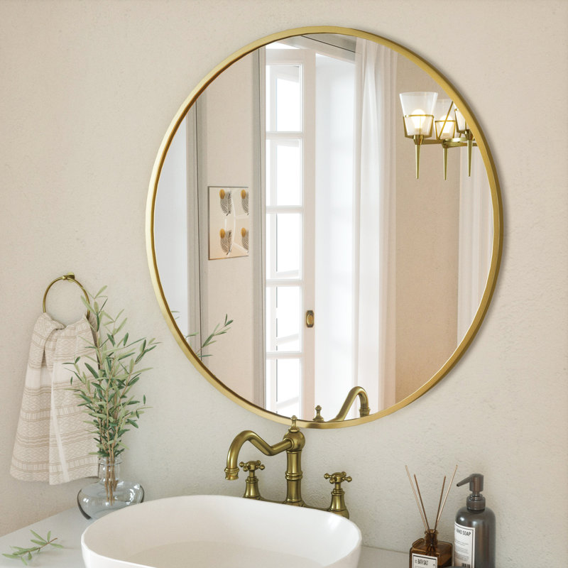 Baum Nordic Round Bathroom Framed Mirror Wall Hanging, 70cm H x 70cm W x 2.8cm D, Gold