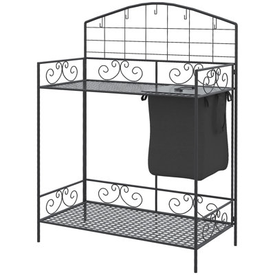 Portable Garden Potting Bench, Metal Work Table With Bag & Cover, 5 Hooks And Shelf, Ergonomic For Leisurely Gardening, Black Desk Folding Quality, Built-In Hassle- Planting,