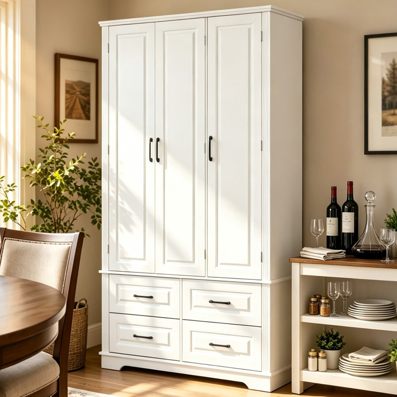 Garde-manger Bilski avec 3 portes et 4 tiroirs, Blanc