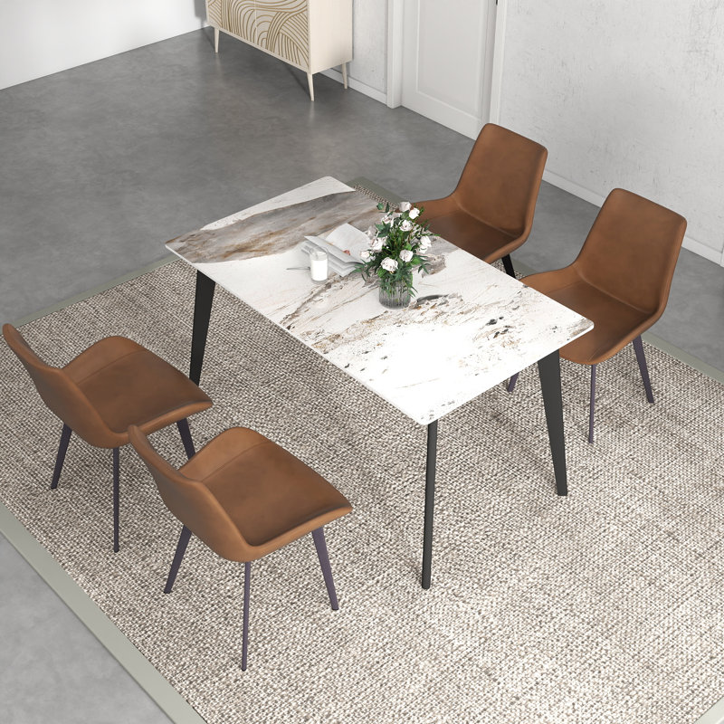 Fairy Nedek 5-Piece Modern Rectangular Sintered Stone Dining Table Set With 4 Brown Faux Leather Chairs, Pandora
