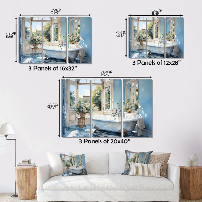 «Bathroom Tranquil Reflections I» sur toile, reproduction de 3 pièces, H 28 po x l 36 po x P 1 po