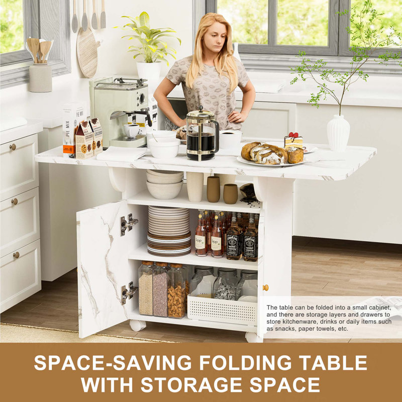 47" Wood Folding Dining Table With Storage Rack And Cabinet,Removable Entryway Table With 6 Wheels,Marble Kitchen Island,Side Table And Coffee Table Versatile Table Space Saving