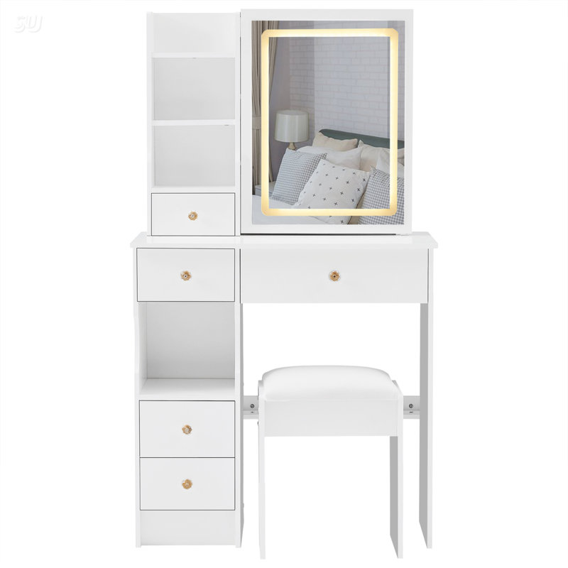 Petite coiffeuse 29,2 po avec tabouret de bureau à gauche et tabouret rembourré, grande tablette tactile, miroir à réglage de la luminosité, rangement à grande capacité