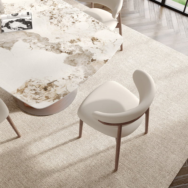 Table de salle à manger 93,7 "/ 86,6" à tréteaux doubles, plateau en pierre frittée de qualité supérieure en ambre / blanc ultrabrillant, base en bois massif sur des disques en acier au carbone robustes, 8 à 10 personnes
