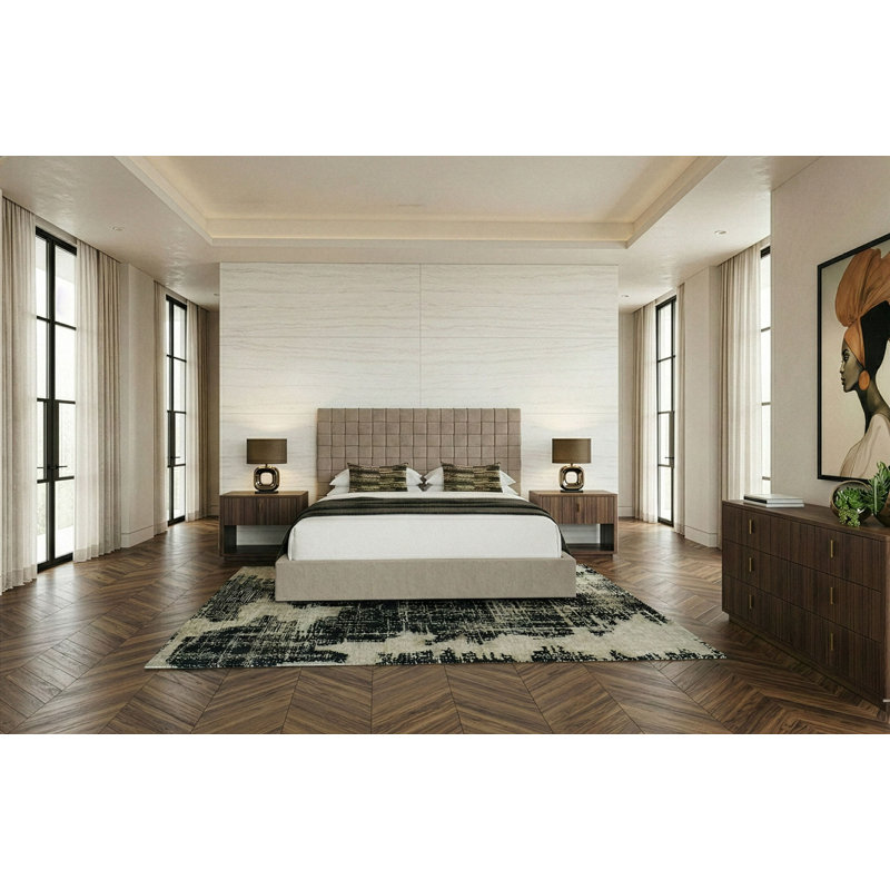 Ensemble de chambre à coucher 4 pièces en tissu taupe moderne et noyer Rousey + Roma