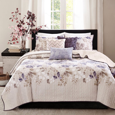 Full/Queen Size 6 Piece Quilt , Taupe, Watercolor Floral Decoration, Reversible Microfiber, Breathable And Comfortable Bedding Taupe With Throw Pillows, Full/Queen, , Cozy