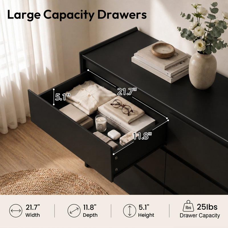  Modern Minimalist 6-Drawer Double Dresser with Handle-Free Design, 47", Black