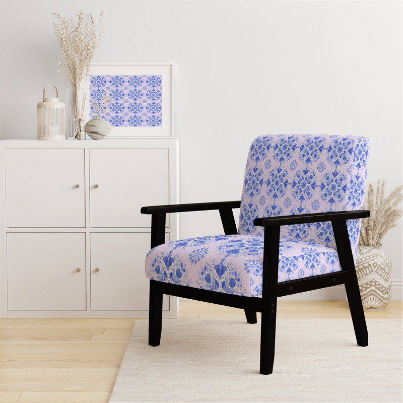 Chaise d'appoint abstraite - fauteuil blanc et bleu avec accoudoirs boho mandala, Accoudoirs carrés noirs