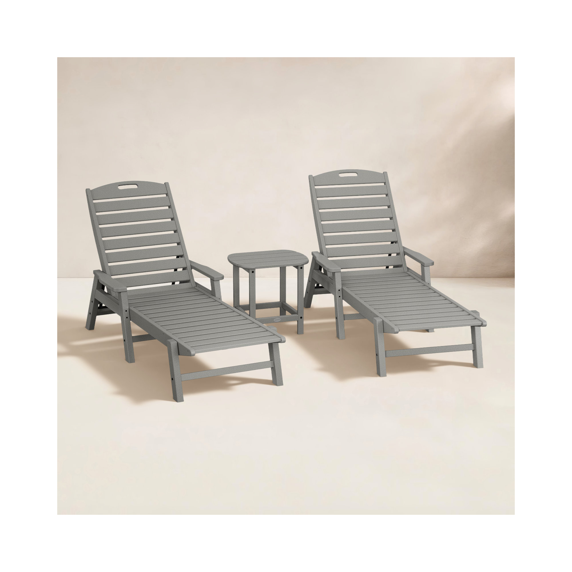 Nautical 3 Piece Chaise Lounge Set with Side Table, Slate Gray
