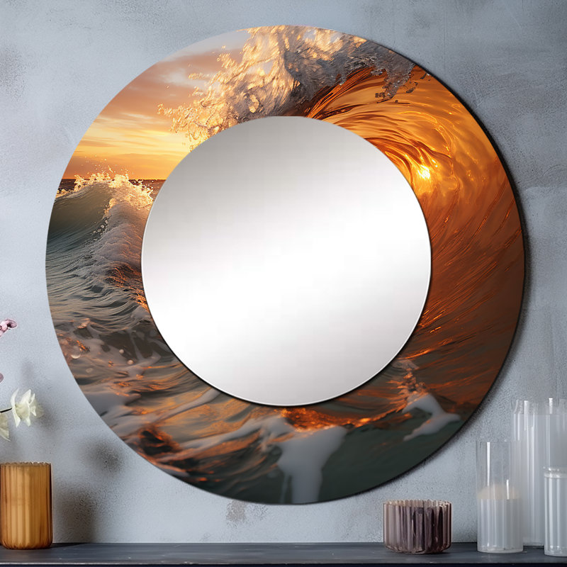 Sarahrose Minimalisme jaune vague lever de soleil - miroir décoratif bord de mer, grand miroir mural bord de mer, impression sur métal