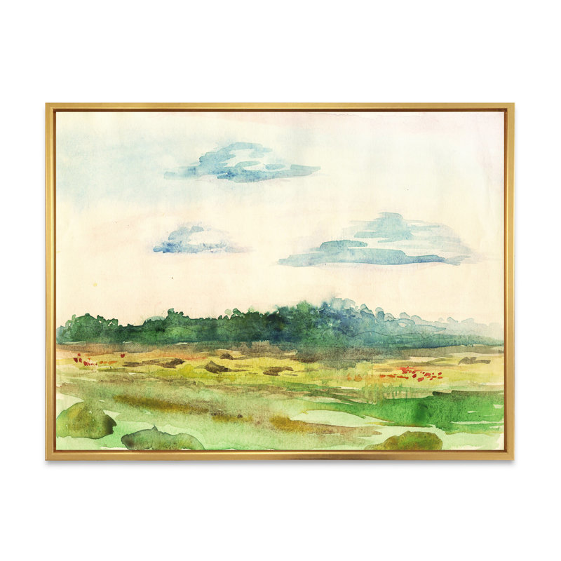 «Green Blossoming Summer Landscape», peinture sur toile, Toile encadrée d'or, H 30 po x l 40 po x p 1 po