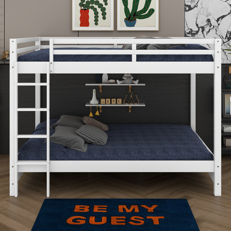 Queen Over Queen Size Bunk Bed, Bunk Bed Frame With Ladder And Guardrail For Kids Teens Adult, Maximize Space, White