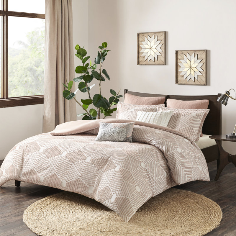 Housse de couette Queen Cotton Blush, motif géométrique, 2 taies décoratives incluses double / grand en rose, géométrique