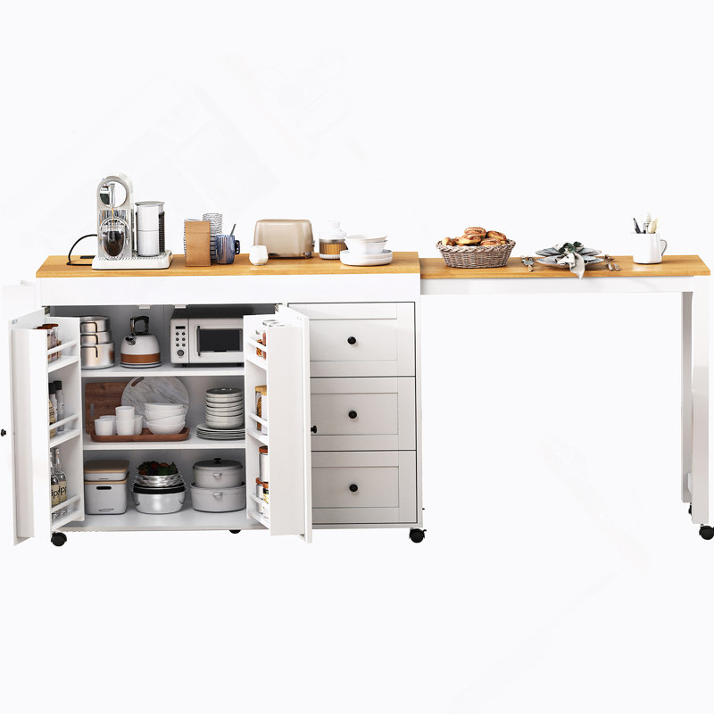 74.8" Kitchen Island With Extendable Dining Table, Kitchen Storage Cart With 3 Drawers, Power Outlet, Rolling Kitchen Island On Wheels With Spice Rack And 2 Door Cabinet