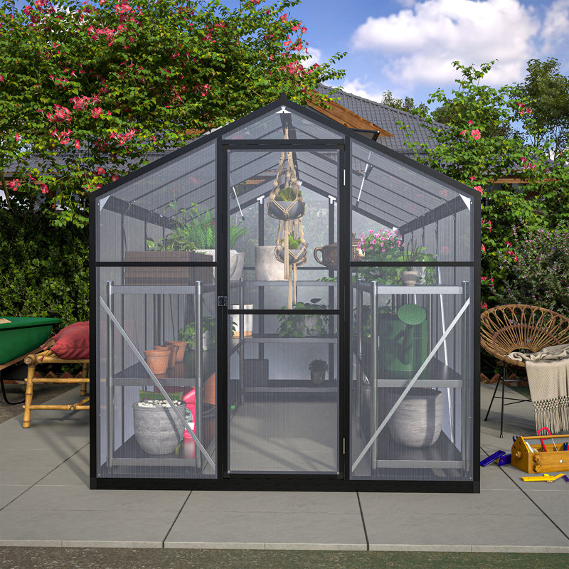 Elysora Aluminum Walk-In Greenhouse with Polycarbonate Panels, Black, 80.43''H x 74.65''W x 100.12''D