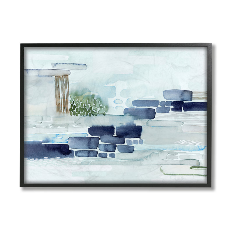 Blocs modernes de paysage côtier abstrait moderne, H 11 po x l 14 po, Giclée encadrée noir minuit