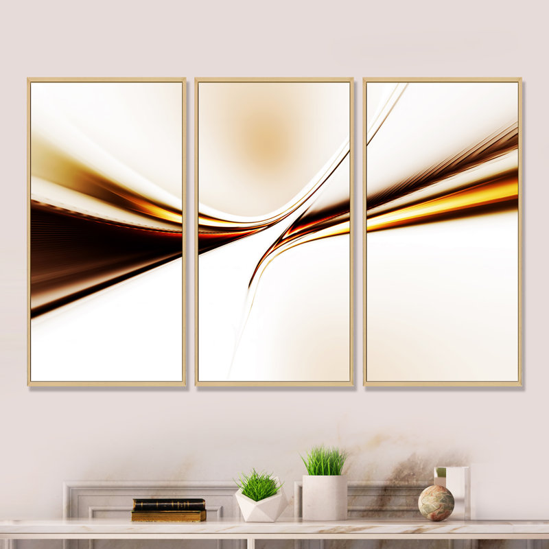 Dynamic Golden Waves - 3 pièces, cadre flottant, impression sur toile, Brun, H 20 po x l 36 po