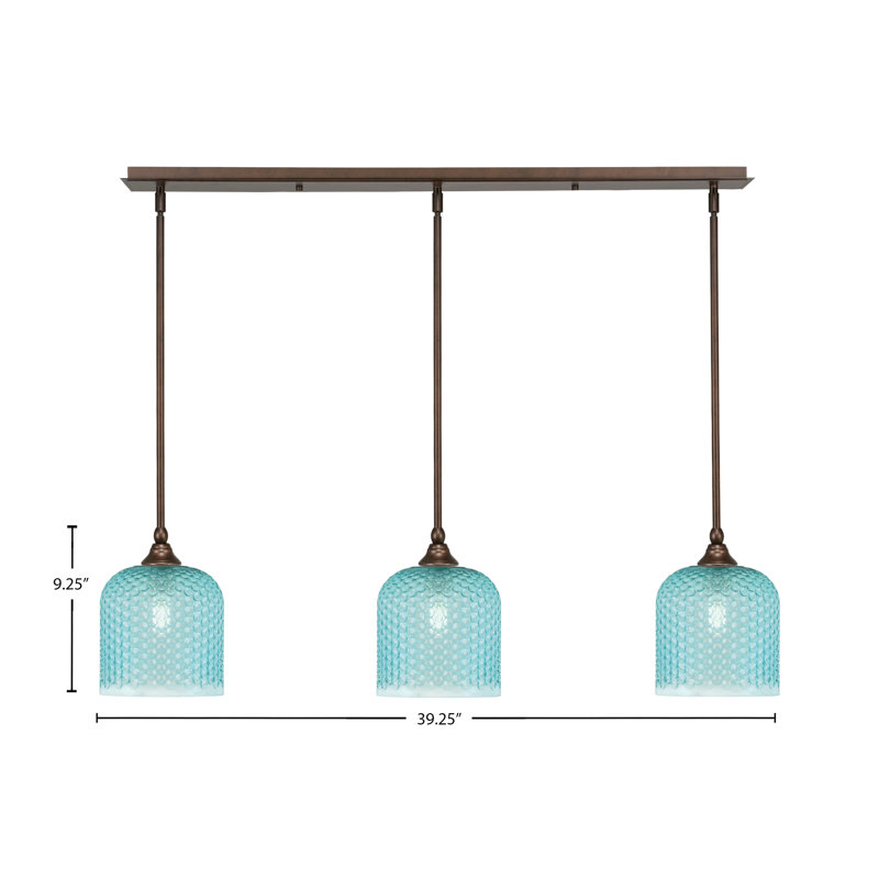 Luminaire suspendu linéaire à 3 lumières avec verre texturé turquoise de 7 po, Bronze