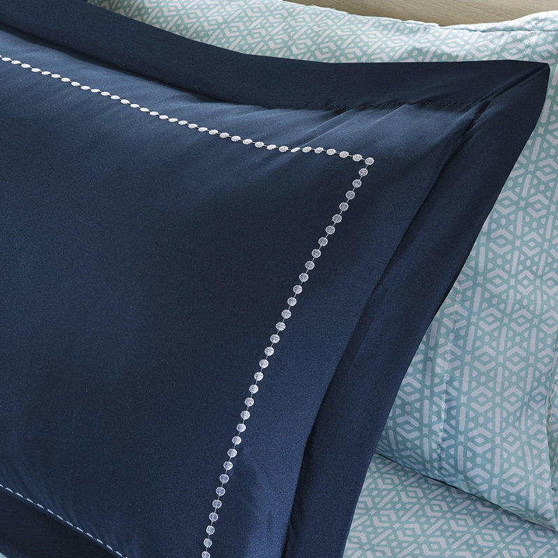 Édredon avec draps pour lit double - Bordure imprimée bleu marine, Édredon double et 2 taies décoratives, Turquoise