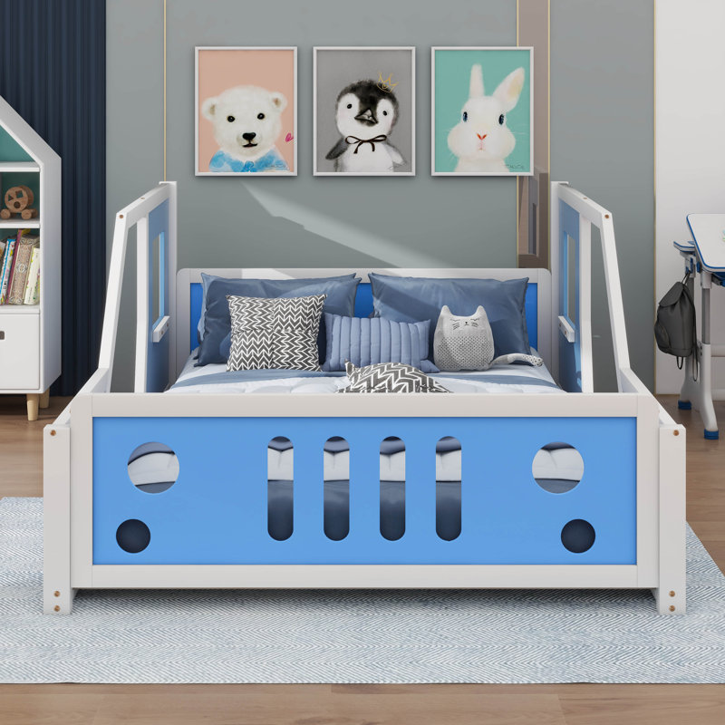 Lit plateforme double avec roulettes, Bleu