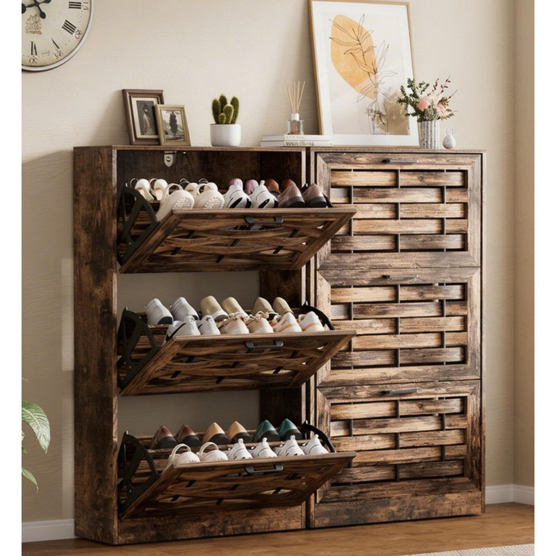 Shoe Storage Cabinet with 6 Flip Drawers & Adjustable Shelves, Slim Hidden Shoe Rack Organizer with Stylish Handwoven Panel for Entryway, Hallway, Living Room
