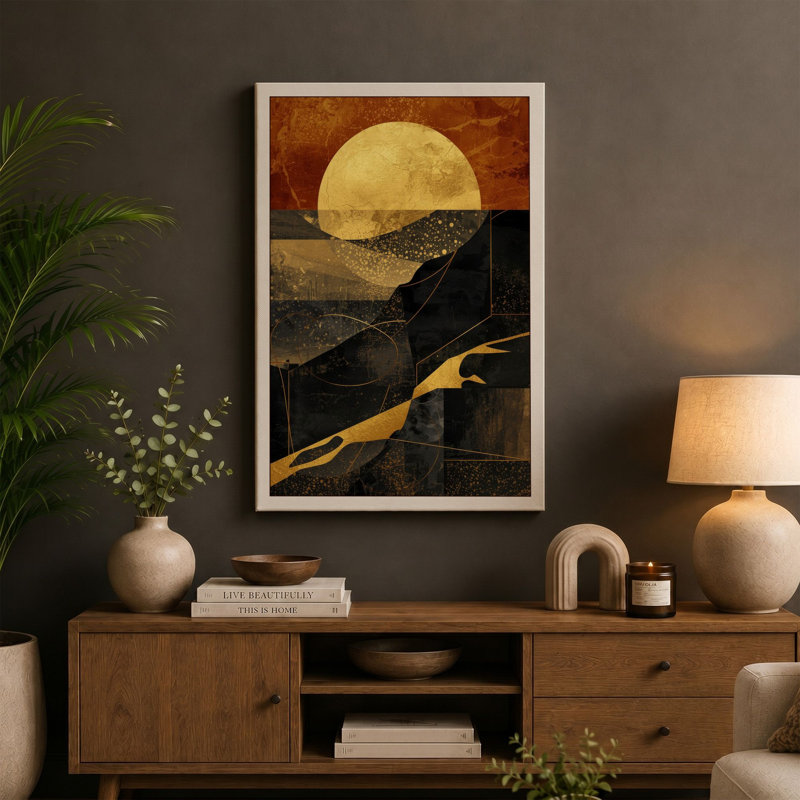 Moon Over Mountains Modern - Wrapped Canvas, 36x24 - 91.4 x 61.0 cm, Taupe Border