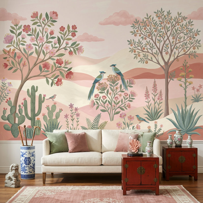 Décoration murale pastel désert paysage floral botanique amovible oiseaux, 200 po x 120 po, Non tissé