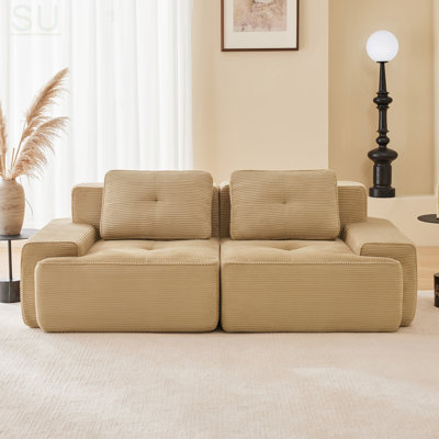 Canapé modulaire en forme de L de 82 pouces avec tissu velours côtelé, assise profonde, passepoil perlé et sans assemblage requis