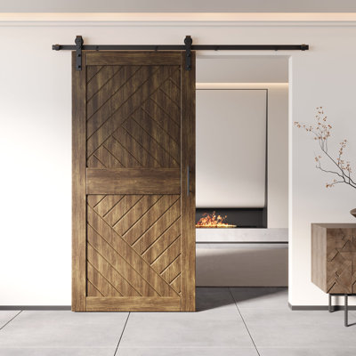 Homacer Dark Walnut 48in x 84in Unassembled & Finished Geometric Design Barn Door with Non-Bypass Installation Hardware Kit, 9ft track, interior use only