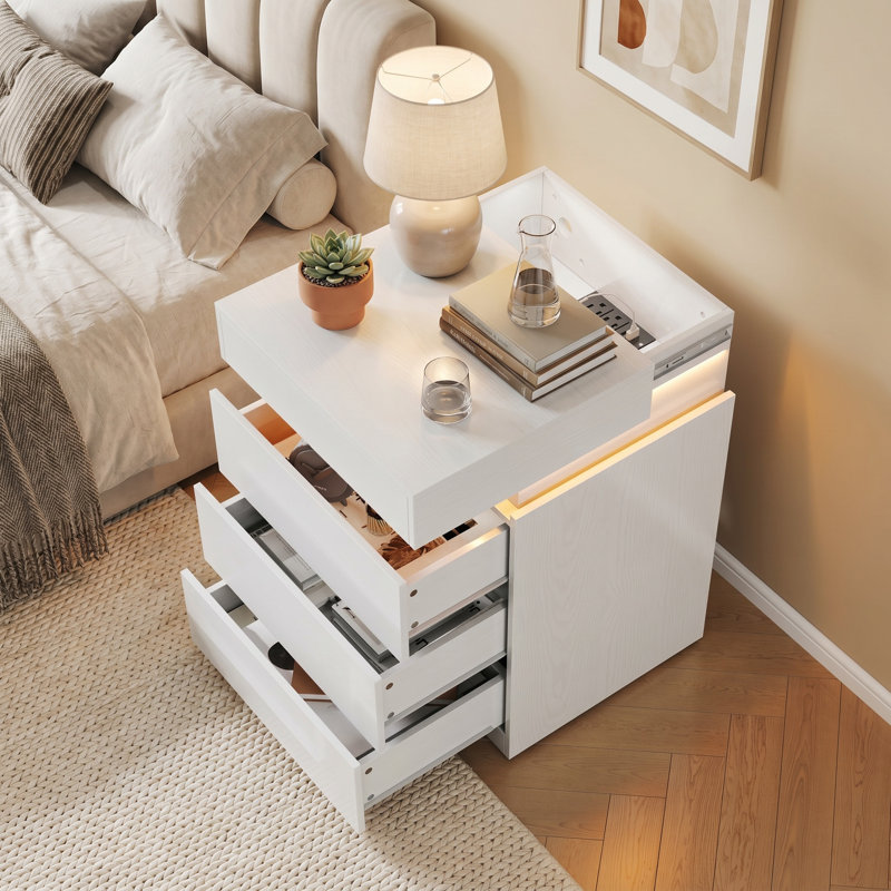 Table de chevet 3 tiroirs avec plateau coulissant, station de charge intégrée et éclairage DEL, White, 1