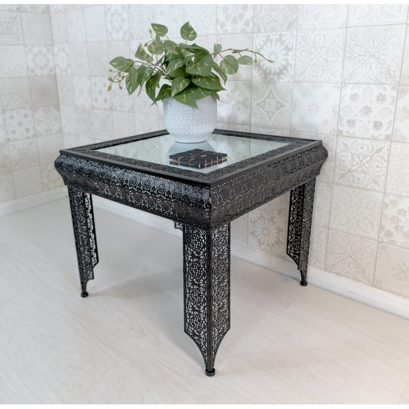 Carlyse Embossed Metal & Glass Moroccan Style Side Table , Black