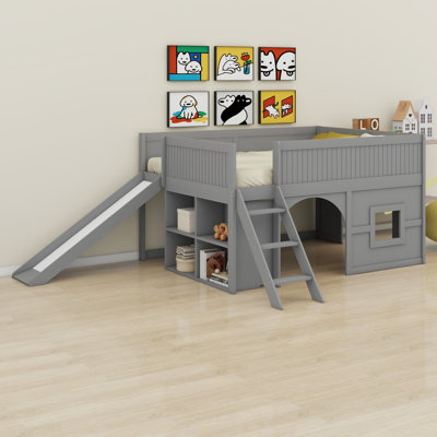 Low Loft Bed Combined With Slide And Shelves