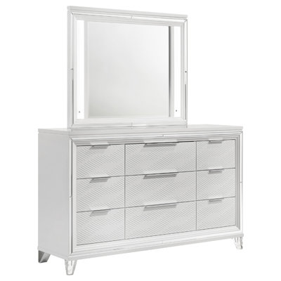 Mory Wide Dresser With LED Mirror, Touch Light, 9 Drawers, White Wood