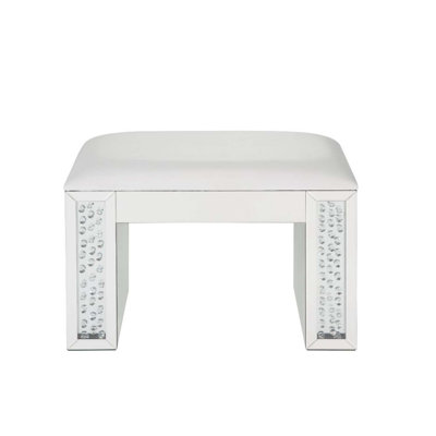 Nysa Vanity Stool, Ivory Faux Leather , Mirrored & Faux Crystals