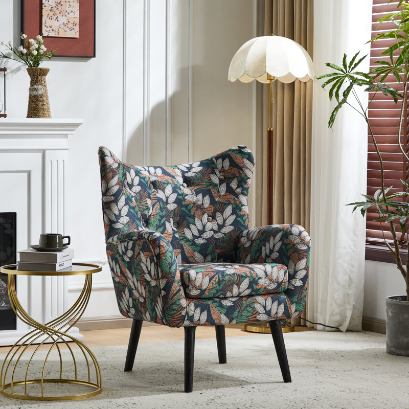 Danney Tufted Wingback Armchair with Flared Arms and Rubberwood Legs,Accent Chair,Living Room Chair, Light Blue Velvet, Black